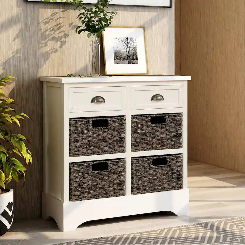 Fini blanc délavé / Blanc / Gris-brun / Bleu marine antique / Expresso | Meuble de rangement à 2 tiroirs avec 4 paniers en rotin | Aucun assemblage requis