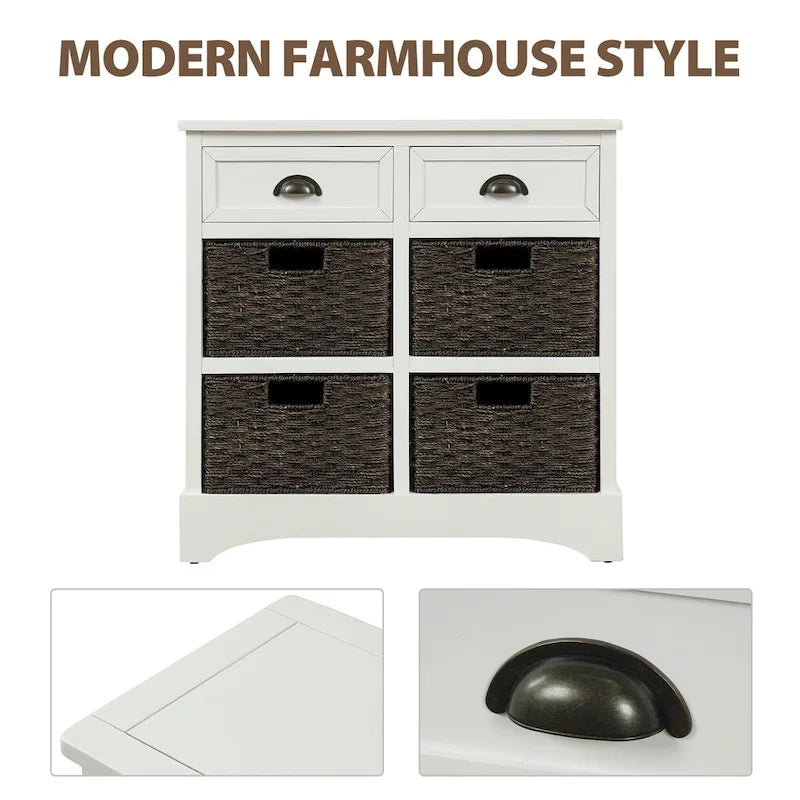 Fini blanc délavé / Blanc / Gris-brun / Bleu marine antique / Expresso | Meuble de rangement à 2 tiroirs avec 4 paniers en rotin | Aucun assemblage requis