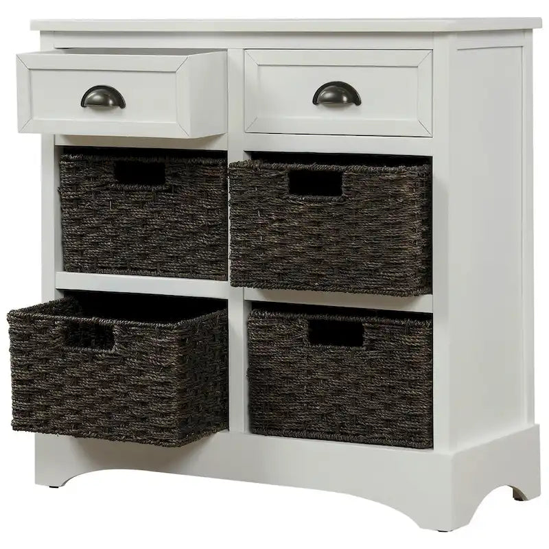 Fini blanc délavé / Blanc / Gris-brun / Bleu marine antique / Expresso | Meuble de rangement à 2 tiroirs avec 4 paniers en rotin | Aucun assemblage requis