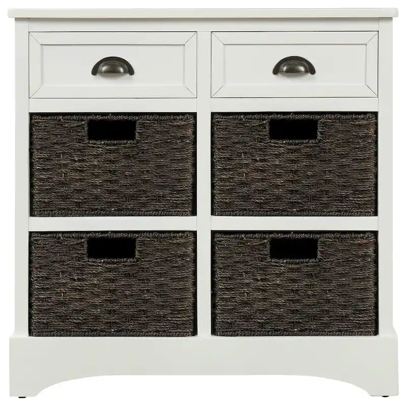 Fini blanc délavé / Blanc / Gris-brun / Bleu marine antique / Expresso | Meuble de rangement à 2 tiroirs avec 4 paniers en rotin | Aucun assemblage requis