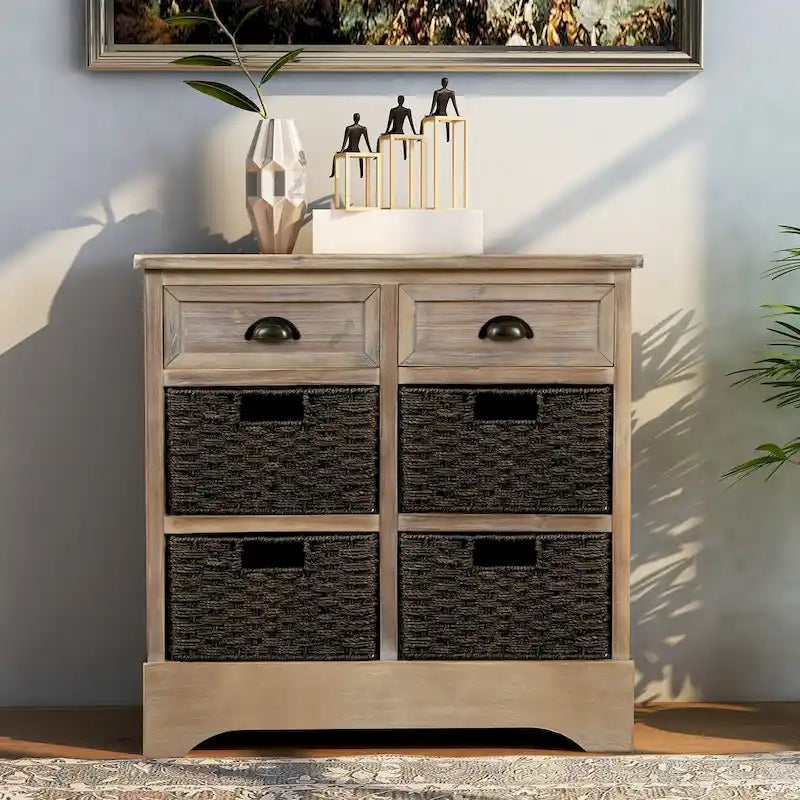 Fini blanc délavé / Blanc / Gris-brun / Bleu marine antique / Expresso | Meuble de rangement à 2 tiroirs avec 4 paniers en rotin | Aucun assemblage requis