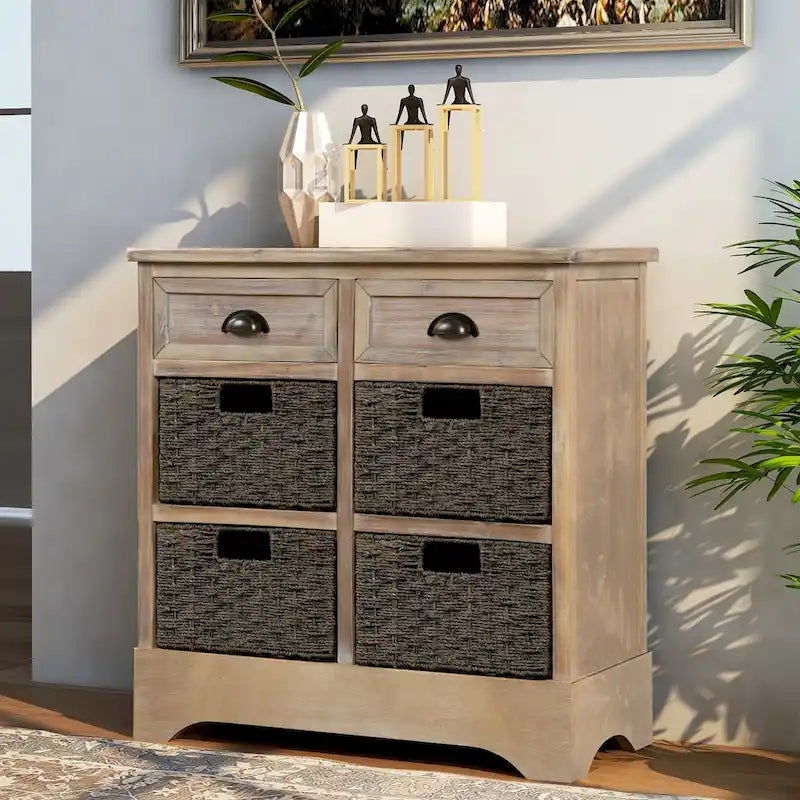 Fini blanc délavé / Blanc / Gris-brun / Bleu marine antique / Expresso | Meuble de rangement à 2 tiroirs avec 4 paniers en rotin | Aucun assemblage requis