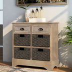 Fini blanc délavé / Blanc / Gris-brun / Bleu marine antique / Expresso | Meuble de rangement à 2 tiroirs avec 4 paniers en rotin | Aucun assemblage requis