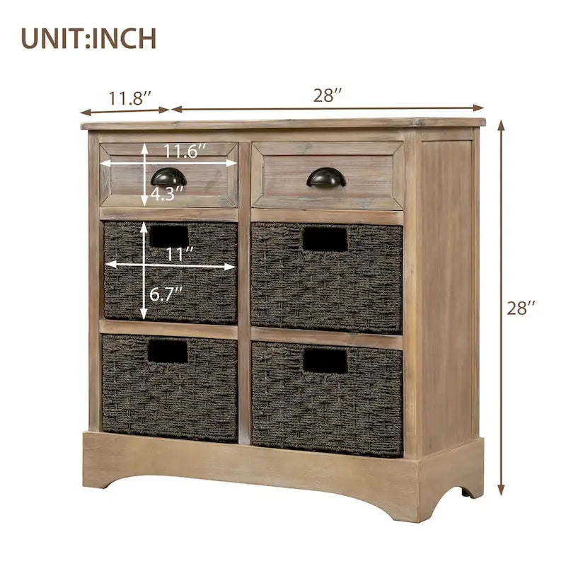 Fini blanc délavé / Blanc / Gris-brun / Bleu marine antique / Expresso | Meuble de rangement à 2 tiroirs avec 4 paniers en rotin | Aucun assemblage requis