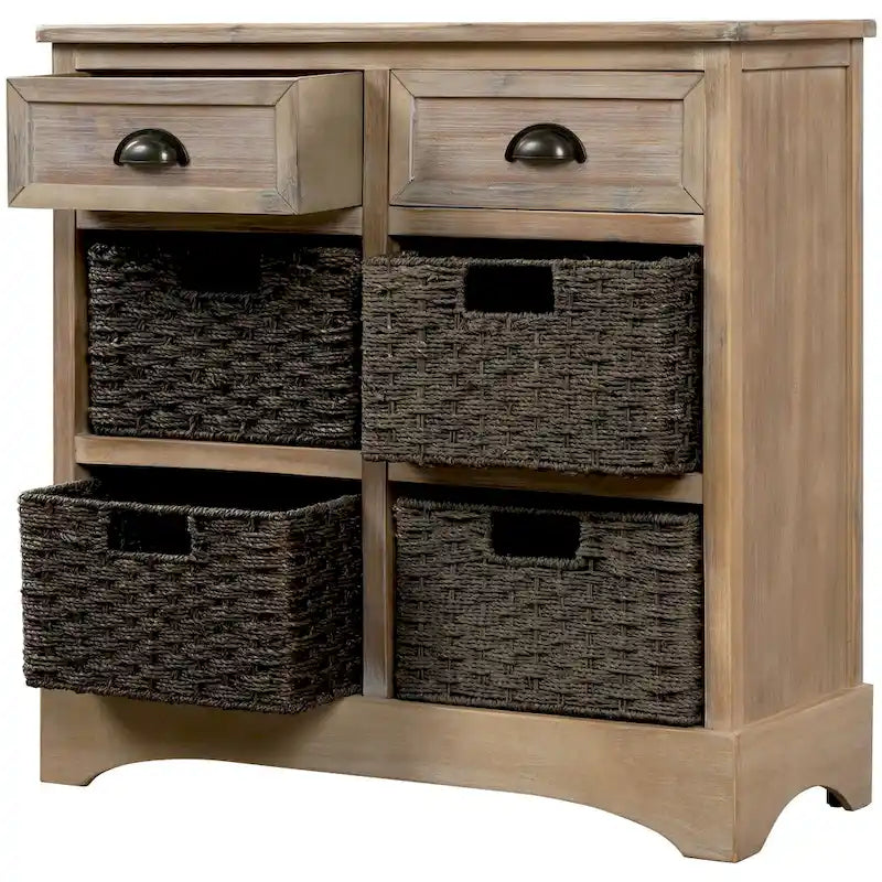 Fini blanc délavé / Blanc / Gris-brun / Bleu marine antique / Expresso | Meuble de rangement à 2 tiroirs avec 4 paniers en rotin | Aucun assemblage requis