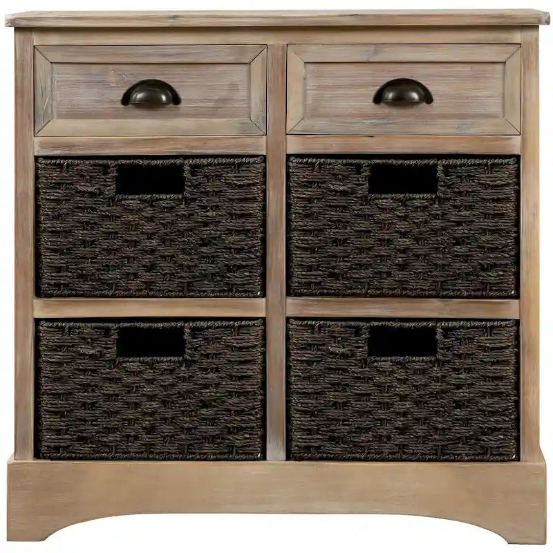 Fini blanc délavé / Blanc / Gris-brun / Bleu marine antique / Expresso | Meuble de rangement à 2 tiroirs avec 4 paniers en rotin | Aucun assemblage requis