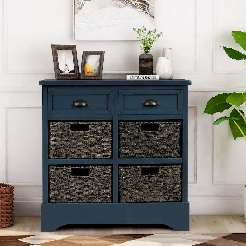 Fini blanc délavé / Blanc / Gris-brun / Bleu marine antique / Expresso | Meuble de rangement à 2 tiroirs avec 4 paniers en rotin | Aucun assemblage requis