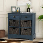 Fini blanc délavé / Blanc / Gris-brun / Bleu marine antique / Expresso | Meuble de rangement à 2 tiroirs avec 4 paniers en rotin | Aucun assemblage requis
