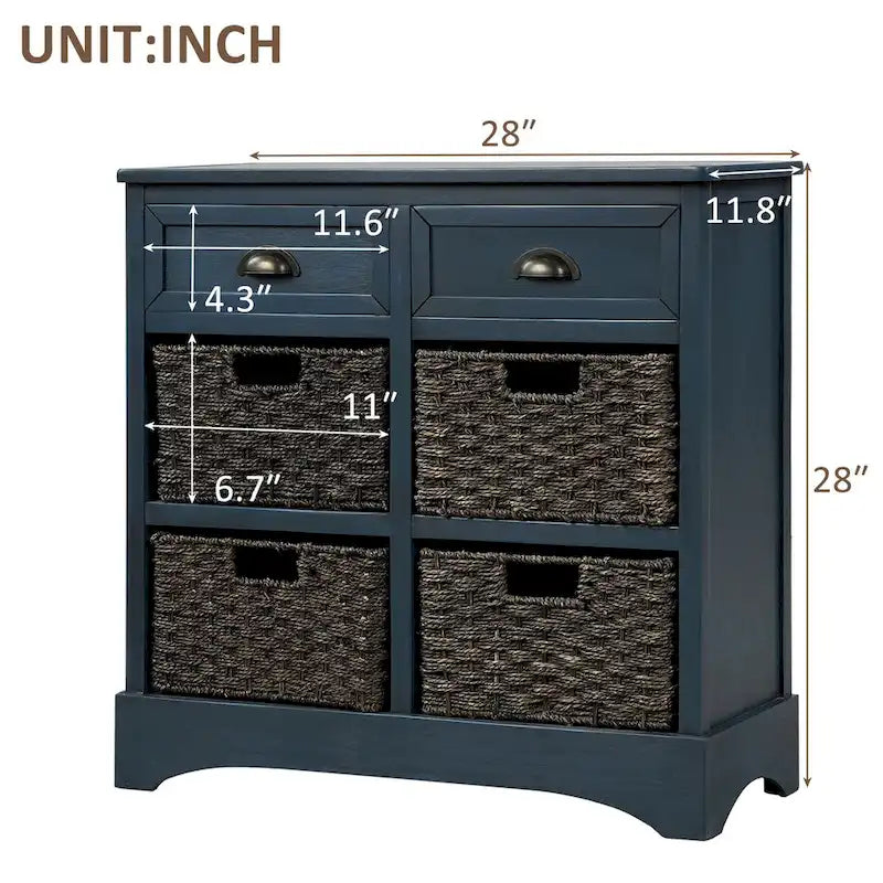 Fini blanc délavé / Blanc / Gris-brun / Bleu marine antique / Expresso | Meuble de rangement à 2 tiroirs avec 4 paniers en rotin | Aucun assemblage requis