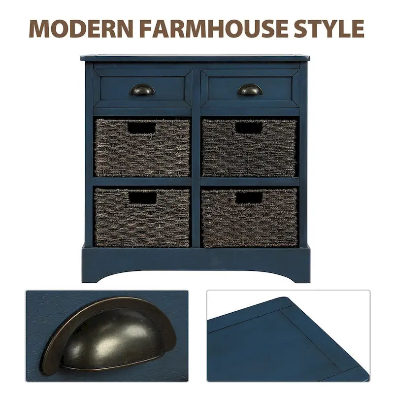 Fini blanc délavé / Blanc / Gris-brun / Bleu marine antique / Expresso | Meuble de rangement à 2 tiroirs avec 4 paniers en rotin | Aucun assemblage requis