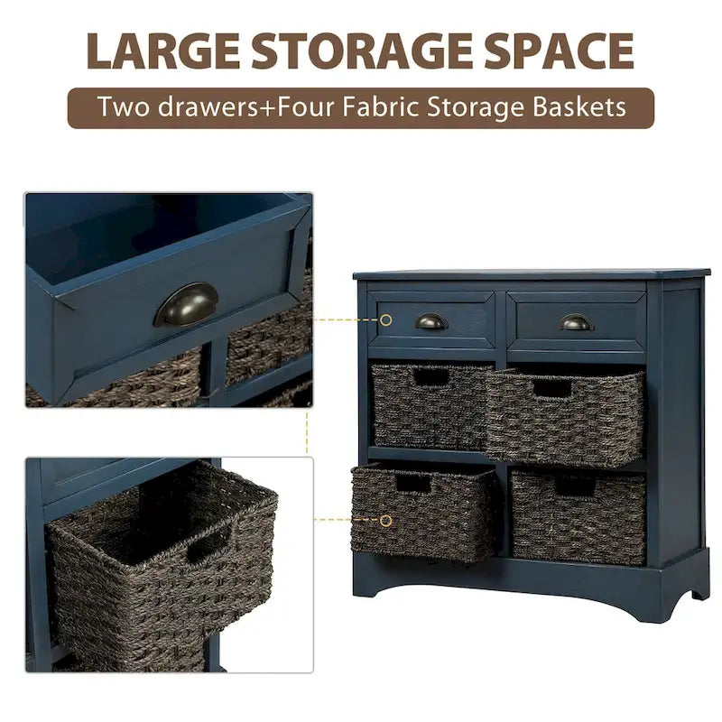 Fini blanc délavé / Blanc / Gris-brun / Bleu marine antique / Expresso | Meuble de rangement à 2 tiroirs avec 4 paniers en rotin | Aucun assemblage requis