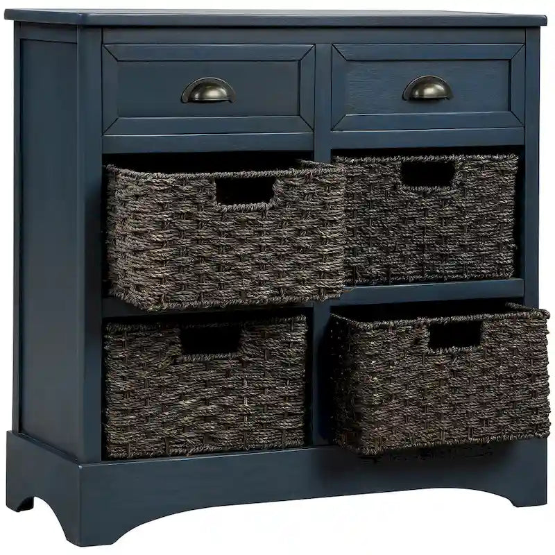 Fini blanc délavé / Blanc / Gris-brun / Bleu marine antique / Expresso | Meuble de rangement à 2 tiroirs avec 4 paniers en rotin | Aucun assemblage requis