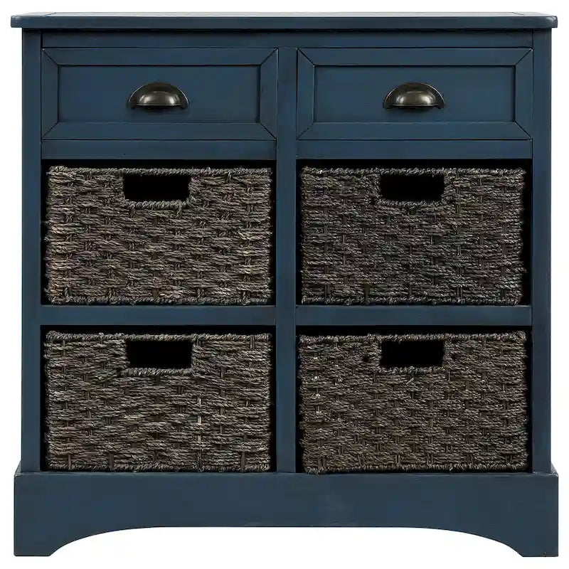 Fini blanc délavé / Blanc / Gris-brun / Bleu marine antique / Expresso | Meuble de rangement à 2 tiroirs avec 4 paniers en rotin | Aucun assemblage requis