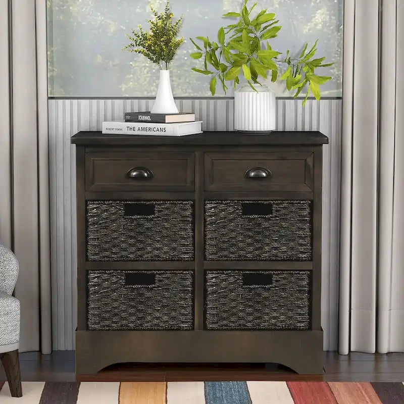 Fini blanc délavé / Blanc / Gris-brun / Bleu marine antique / Expresso | Meuble de rangement à 2 tiroirs avec 4 paniers en rotin | Aucun assemblage requis
