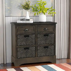 Fini blanc délavé / Blanc / Gris-brun / Bleu marine antique / Expresso | Meuble de rangement à 2 tiroirs avec 4 paniers en rotin | Aucun assemblage requis