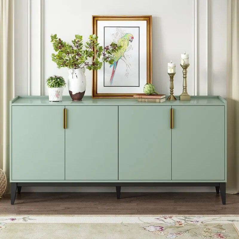 Buffet de rangement 4 portes vert / noir / blanc avec étagères réglables