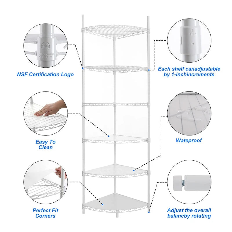 Étagère de rangement d'angle en fil métallique blanc à 6 niveaux