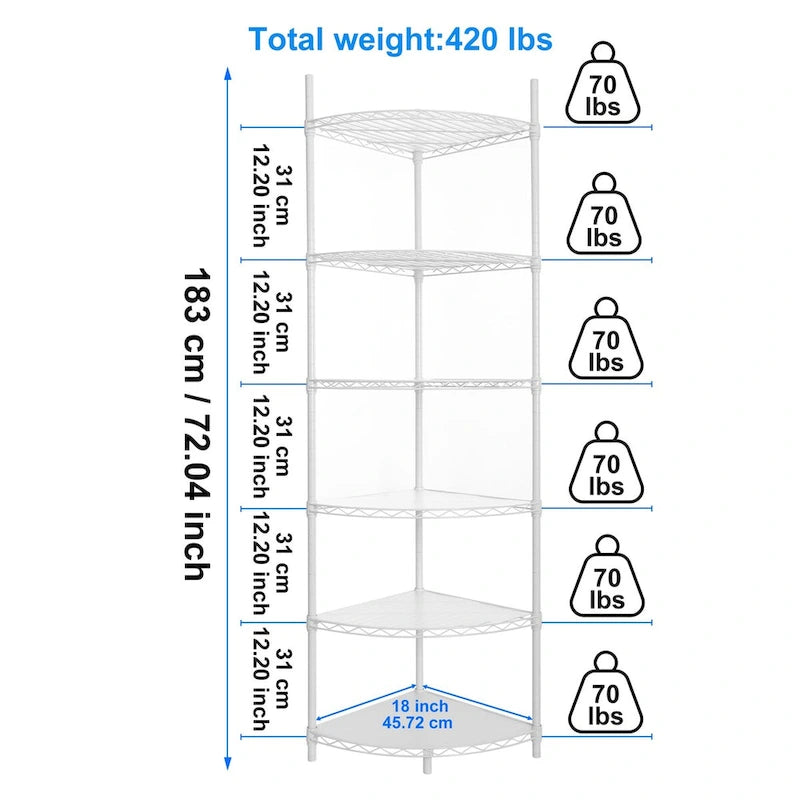 Étagère de rangement d'angle en fil métallique blanc à 6 niveaux