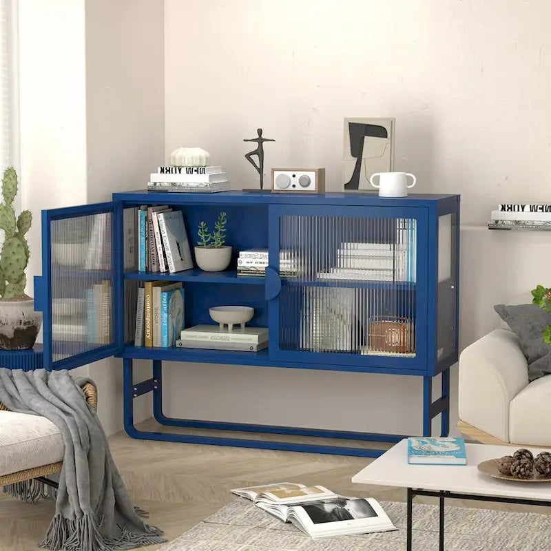 Armoire en acier cannelé vert/bleu, 2 portes avec étagères réglables