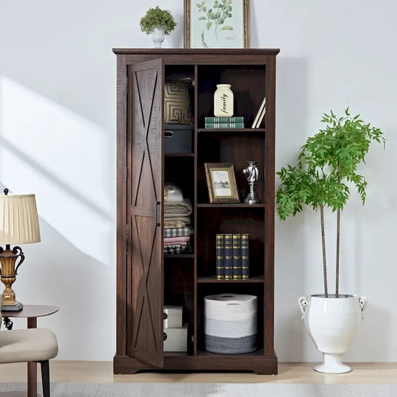 Armoire haute de rangement avec porte de grange Espresso / Gris délavé