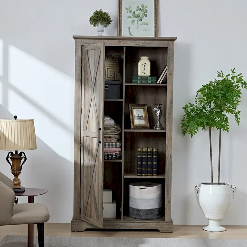 Armoire haute de rangement avec porte de grange Espresso / Gris délavé