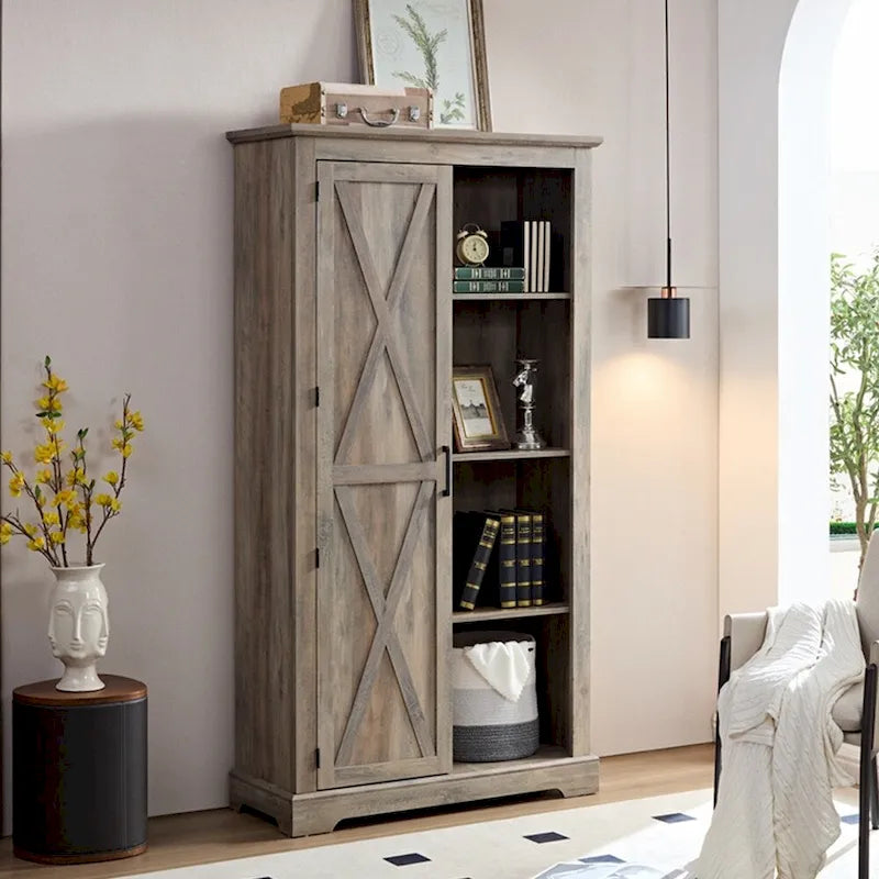 Armoire haute de rangement avec porte de grange Espresso / Gris délavé