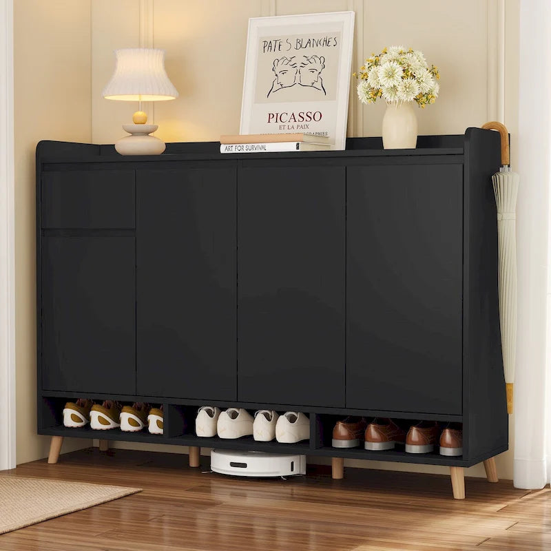 Meuble à chaussures minimaliste blanc/noir avec tiroir, assemblage à 2 personnes, buffet de rangement à 3 étagères