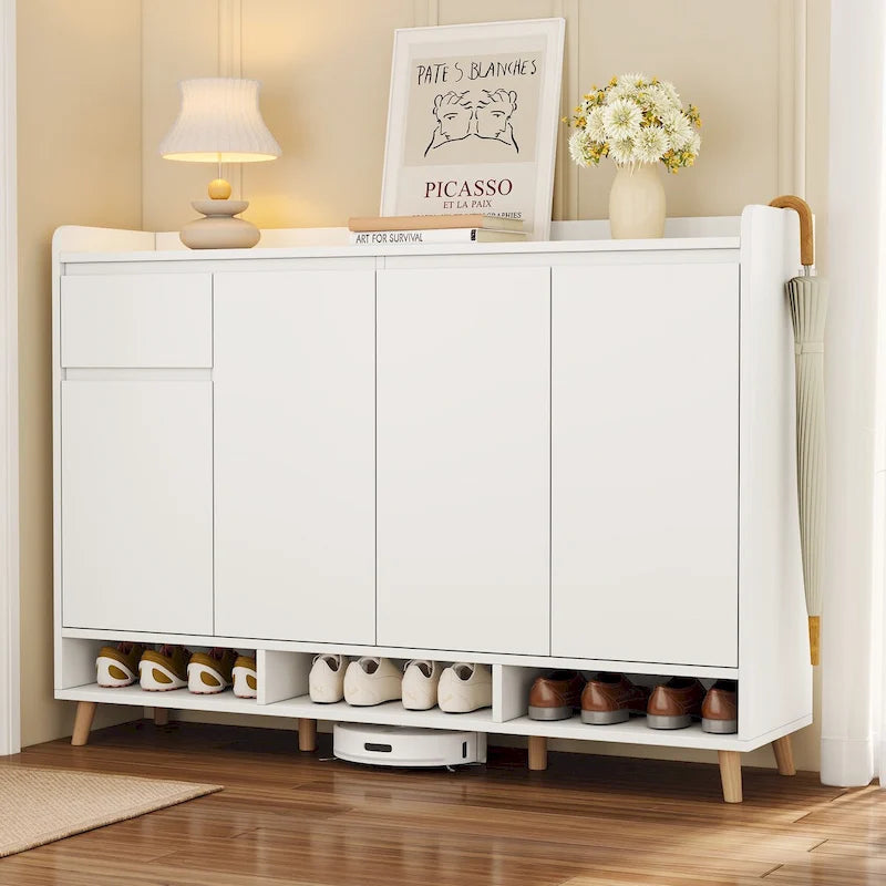 Meuble à chaussures minimaliste blanc/noir avec tiroir, assemblage à 2 personnes, buffet de rangement à 3 étagères