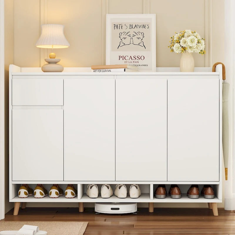 Meuble à chaussures minimaliste blanc/noir avec tiroir, assemblage à 2 personnes, buffet de rangement à 3 étagères
