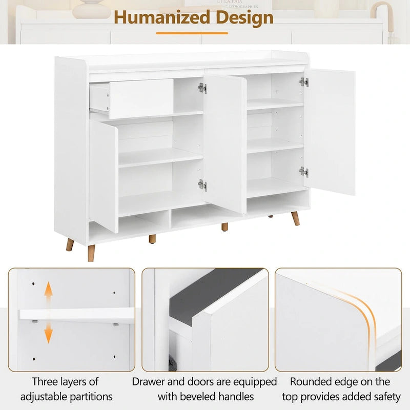 Meuble à chaussures minimaliste blanc/noir avec tiroir, assemblage à 2 personnes, buffet de rangement à 3 étagères