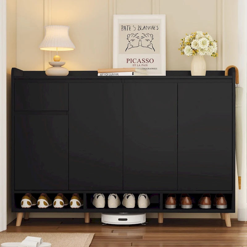 Meuble à chaussures minimaliste blanc/noir avec tiroir, assemblage à 2 personnes, buffet de rangement à 3 étagères