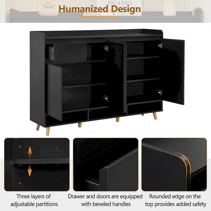 Meuble à chaussures minimaliste blanc/noir avec tiroir, assemblage à 2 personnes, buffet de rangement à 3 étagères