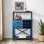 Buffet de bar en bois bleu et blanc avec porte-bouteilles, rangement pour 9 bouteilles