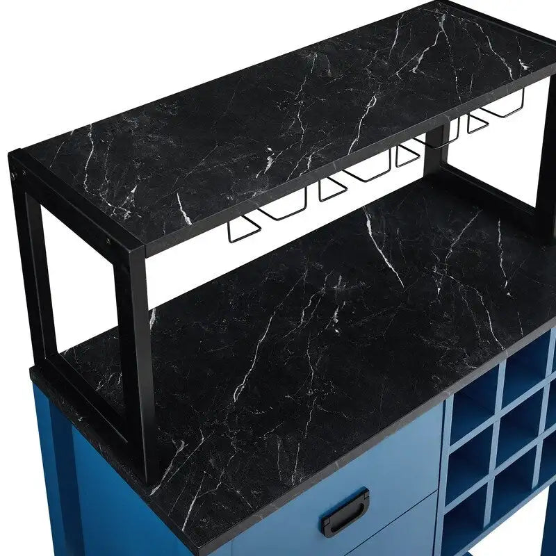 Buffet de bar en bois bleu et blanc avec porte-bouteilles, rangement pour 9 bouteilles