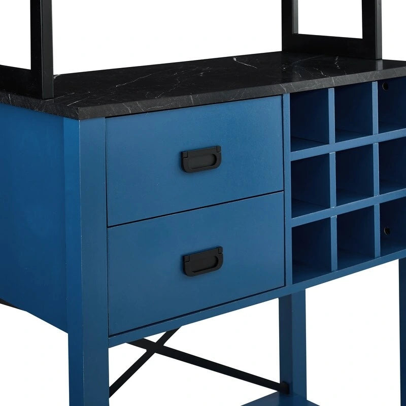 Buffet de bar en bois bleu et blanc avec porte-bouteilles, rangement pour 9 bouteilles