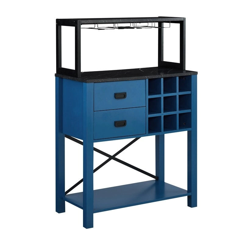 Buffet de bar en bois bleu et blanc avec porte-bouteilles, rangement pour 9 bouteilles