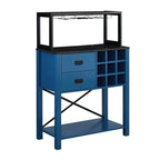 Buffet de bar en bois bleu et blanc avec porte-bouteilles, rangement pour 9 bouteilles