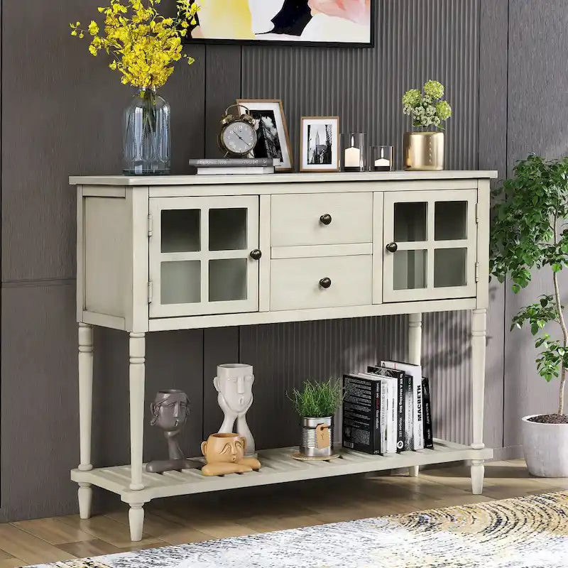Buffet de ferme antique bleu marine / gris / blanc avec vitrines et tiroirs — Pour 1 espace