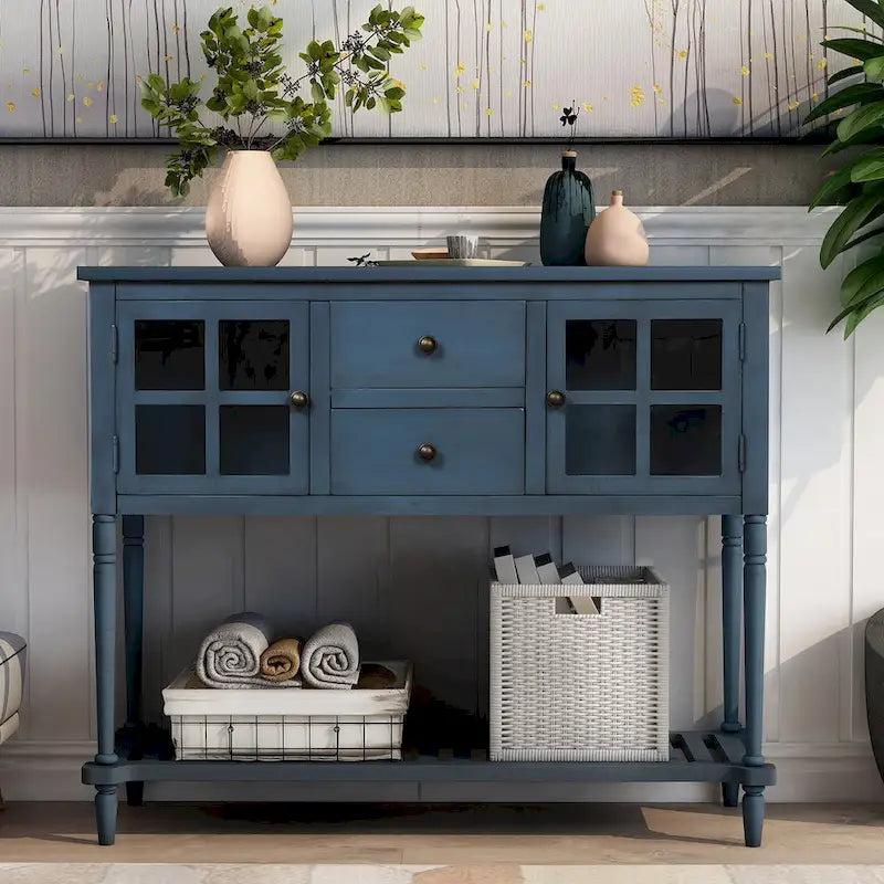 Buffet de ferme antique bleu marine / gris / blanc avec vitrines et tiroirs — Pour 1 espace