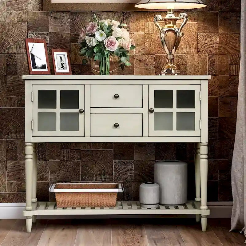 Buffet de ferme antique bleu marine / gris / blanc avec vitrines et tiroirs — Pour 1 espace