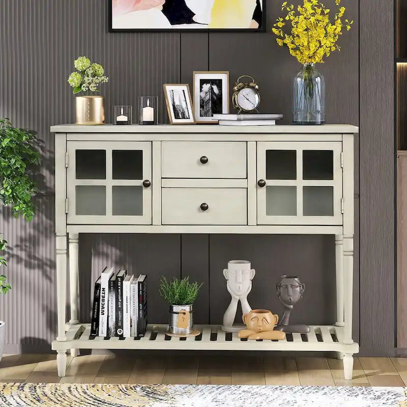 Buffet de ferme antique bleu marine / gris / blanc avec vitrines et tiroirs — Pour 1 espace