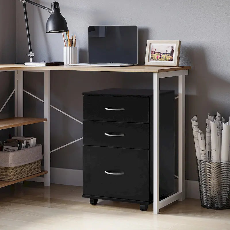 Classeur mobile à 3 tiroirs – Blanc / Cerise / Noir, mobile, se glisse sous le bureau, 1 personne