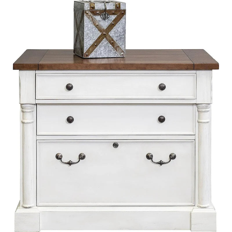 Meuble de rangement latéral rustique blanc vieilli, tiroir de classement juridique/lettre verrouillable, 1 personne