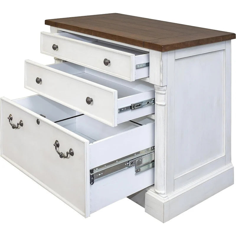 Meuble de rangement latéral rustique blanc vieilli, tiroir de classement juridique/lettre verrouillable, 1 personne
