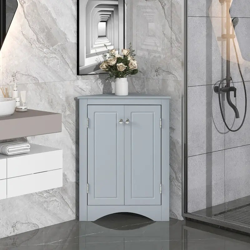 Meuble d'angle triangulaire bleu / chêne / blanc / noir avec étagères réglables, autoportant, 2 étagères