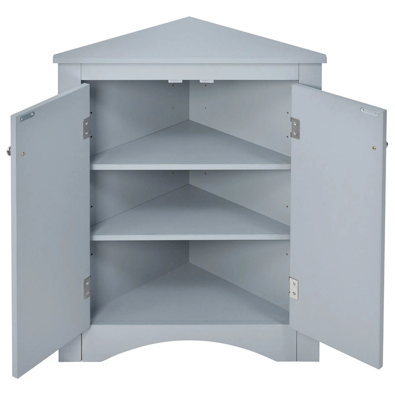 Meuble d'angle triangulaire bleu / chêne / blanc / noir avec étagères réglables, autoportant, 2 étagères