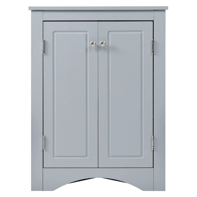 Meuble d'angle triangulaire bleu / chêne / blanc / noir avec étagères réglables, autoportant, 2 étagères