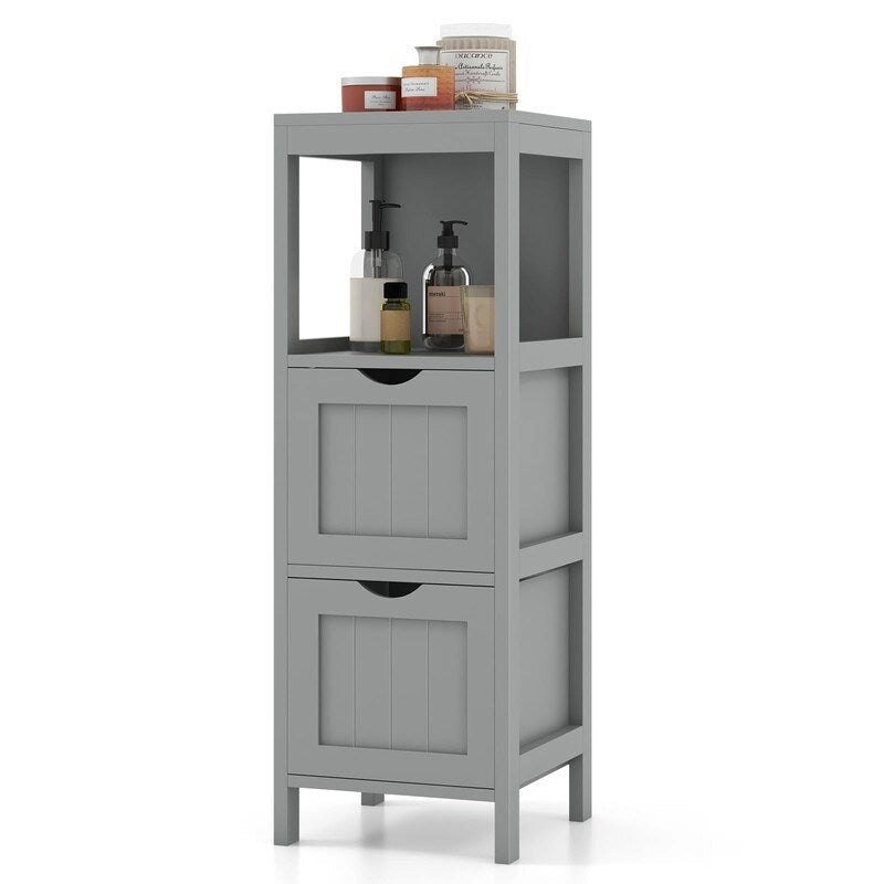 Meuble de Rangement au Sol pour Salle de Bain, Gris / Marron / Blanc, 2 Tiroirs, Montage par 1 Personne