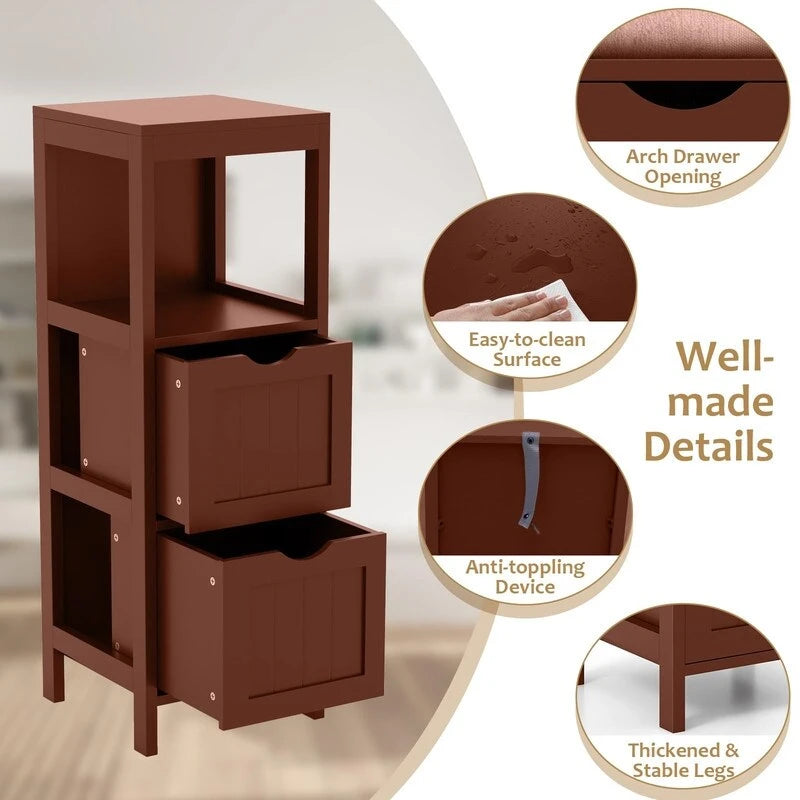 Meuble de Rangement au Sol pour Salle de Bain, Gris / Marron / Blanc, 2 Tiroirs, Montage par 1 Personne