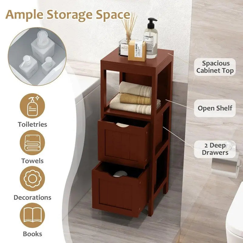 Meuble de Rangement au Sol pour Salle de Bain, Gris / Marron / Blanc, 2 Tiroirs, Montage par 1 Personne
